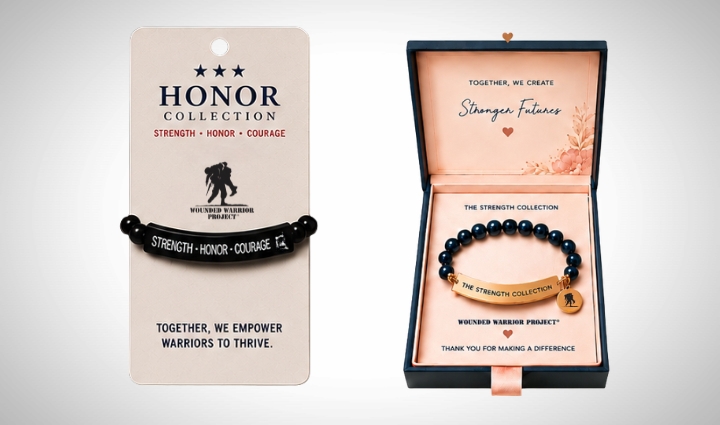 Vertical card and jewelry box each containing black beaded bracelet with motivational statement. WWP logo included.