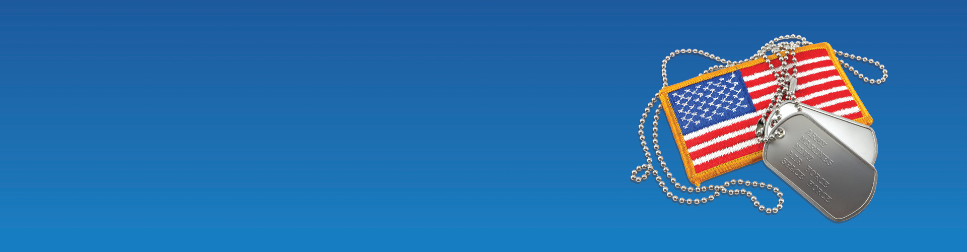 A pair of military dog tags resting on a U.S. flag patch with a yellow border, set against a blue background. The tags list military branches: Army, Marines, Navy, Air Force, and Space Force.